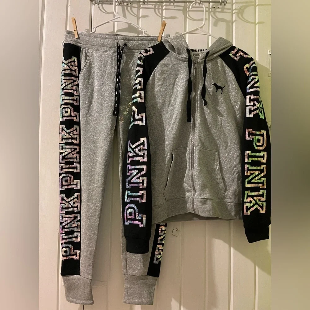 VS PINK bling metallic shine outfit SMALL joggers LARGE hoodie NWOT - Picture 3 of 13